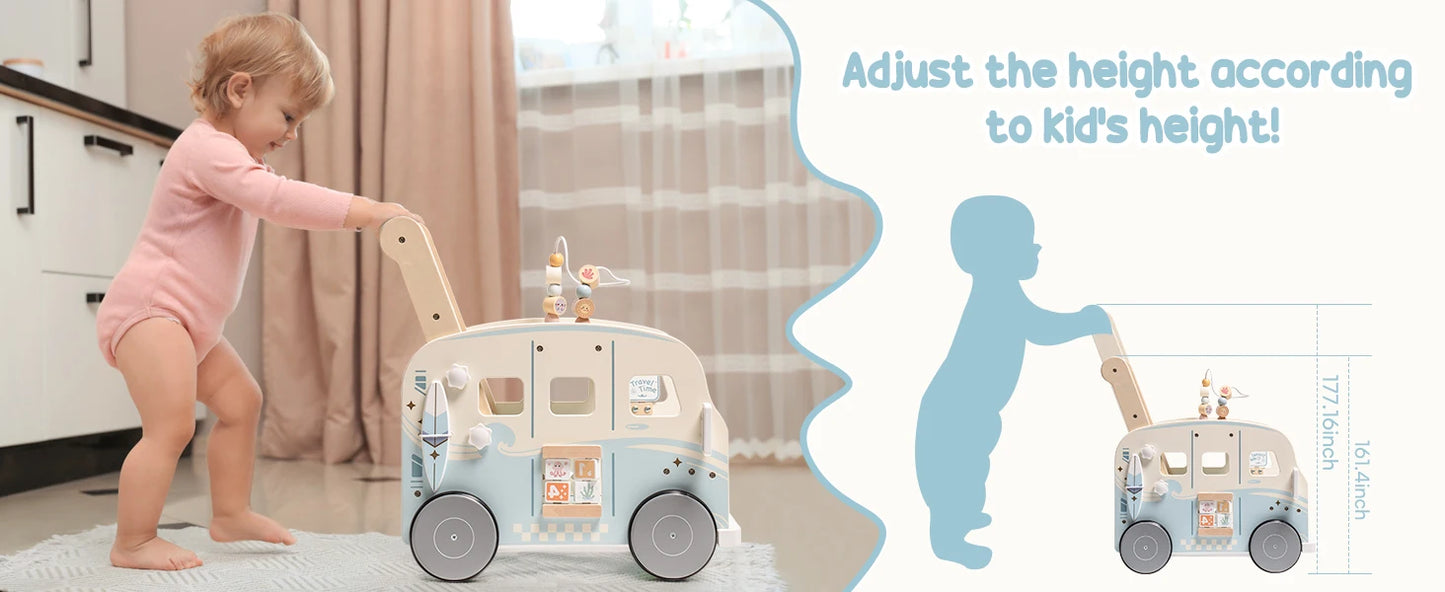 Wooden Baby Walker Bus Style With Ocean Pattern and Adjustable Wheel Tension