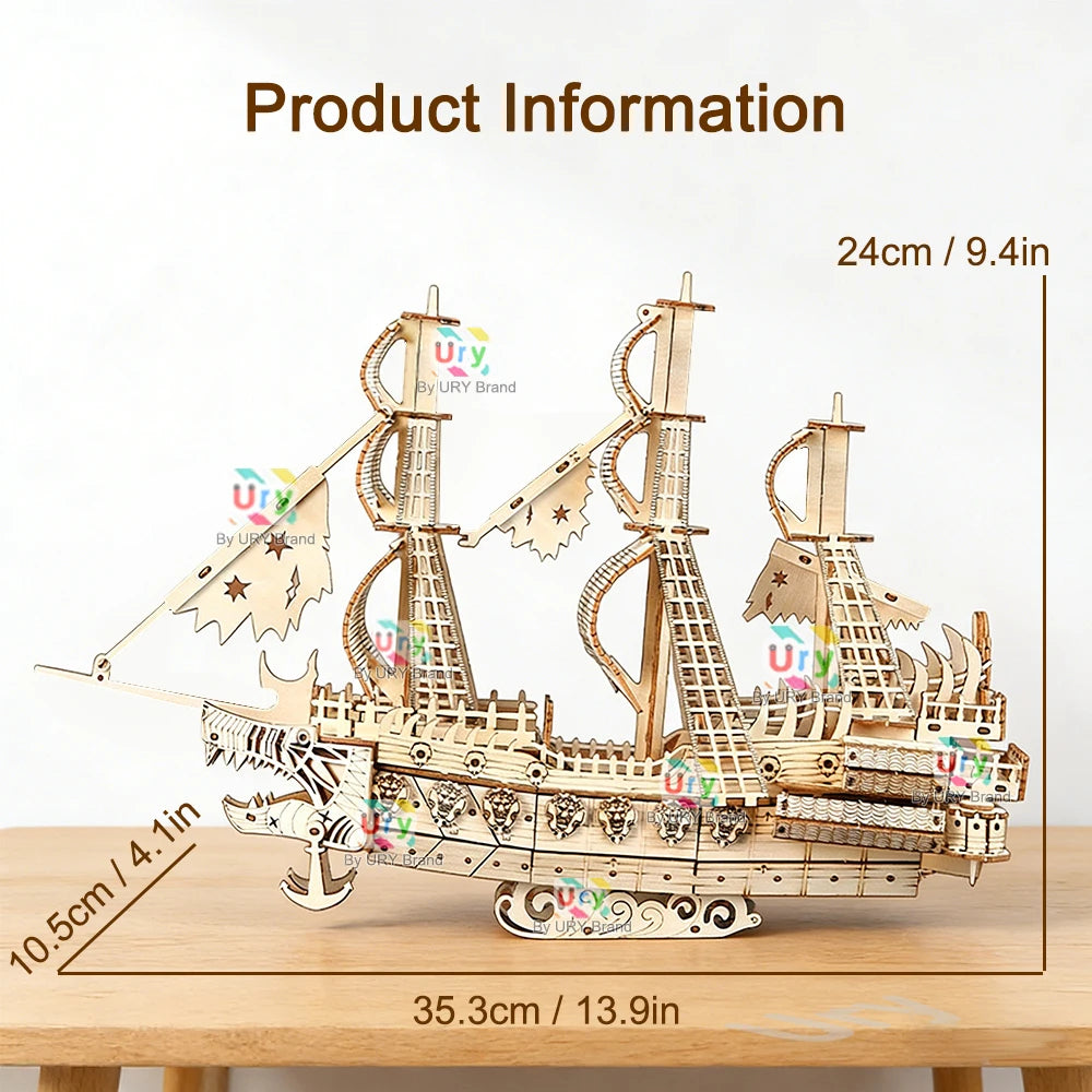 Ury DIY 3D Wooden Puzzle Halloween Ghost Pirate Ship Model For Home Decor