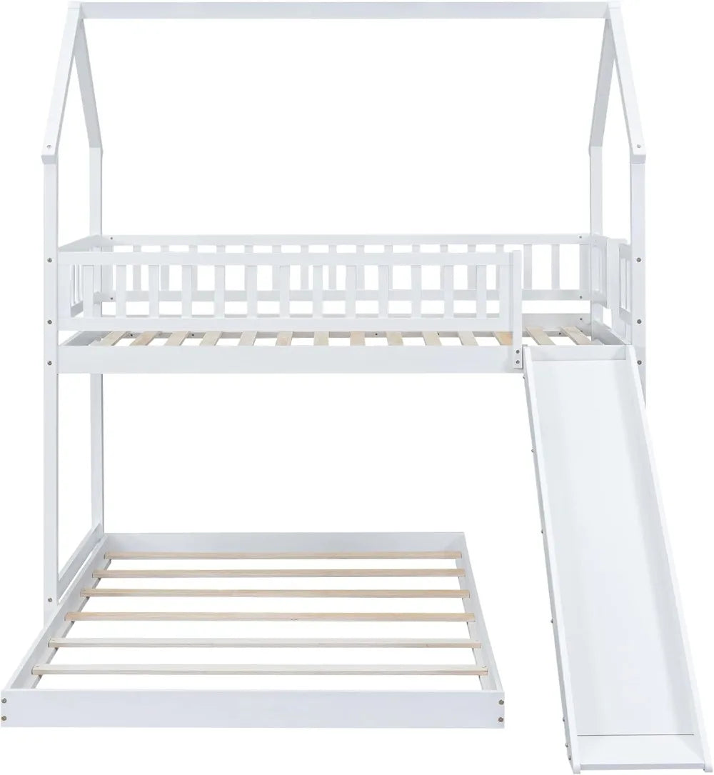 Wooden Twin Over Full Bunk Bed with Slide, Built-in Ladder, Guardrail - Space-Saving House Design for Kids Bedroom