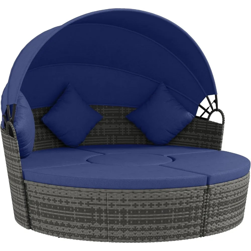 Round Rattan Daybed Patio Furniture Set With Adjustable Sun Canopy