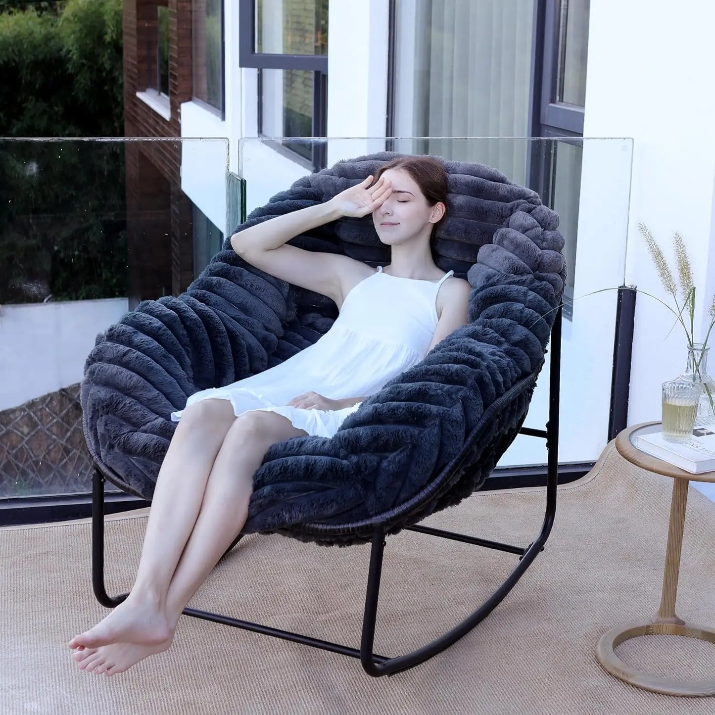 "Outdoor Wicker Egg Swing Chair, Comfortable Oversized Indoor Papasan Seat with Cushion, Royal Rattan Rocking Furniture"