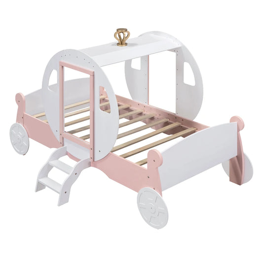 Twin princess carriage bed with crown, wooden platform lathe, stairs, white+pink