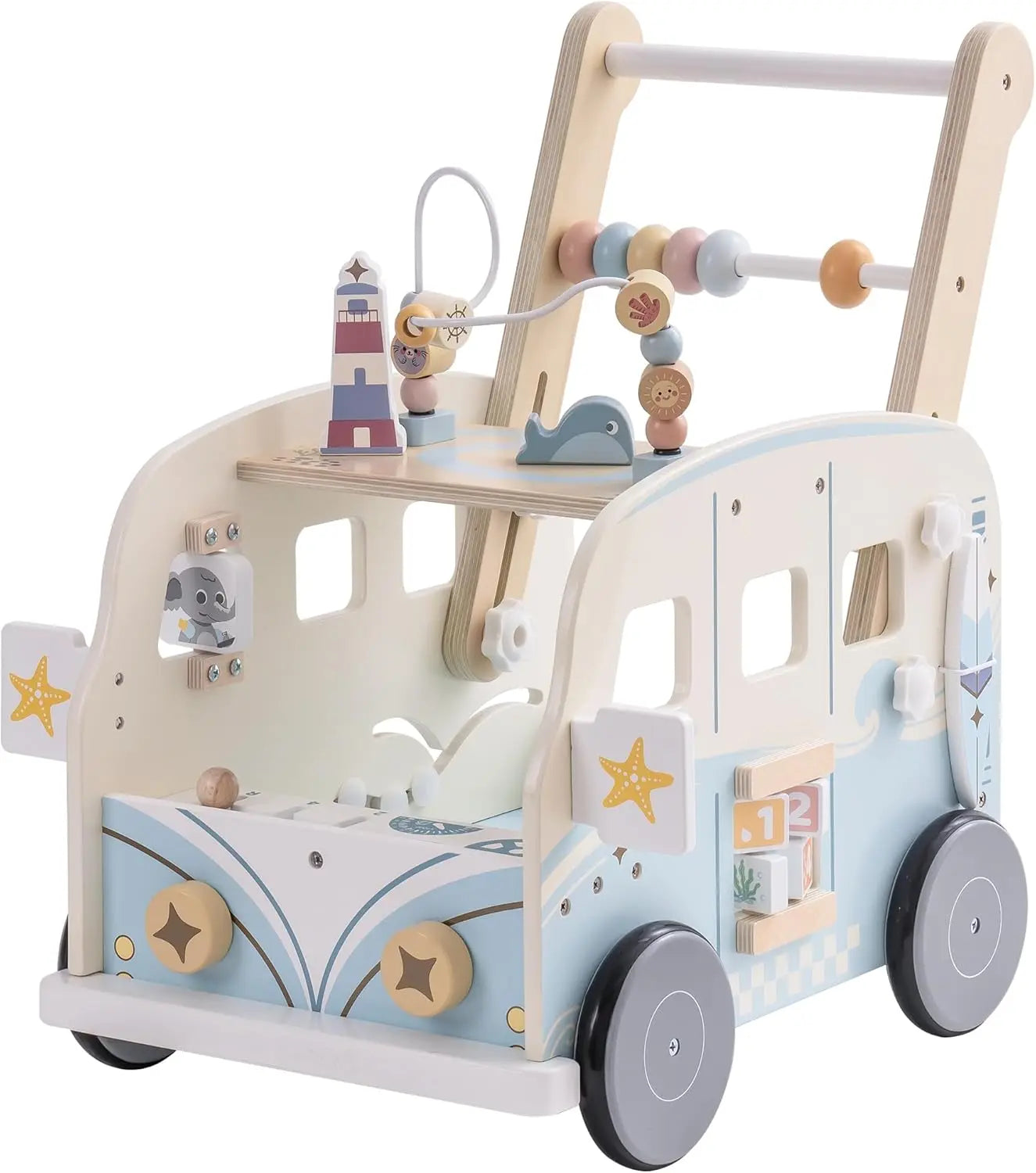 Wooden Baby Walker Bus Style With Ocean Pattern and Adjustable Wheel Tension