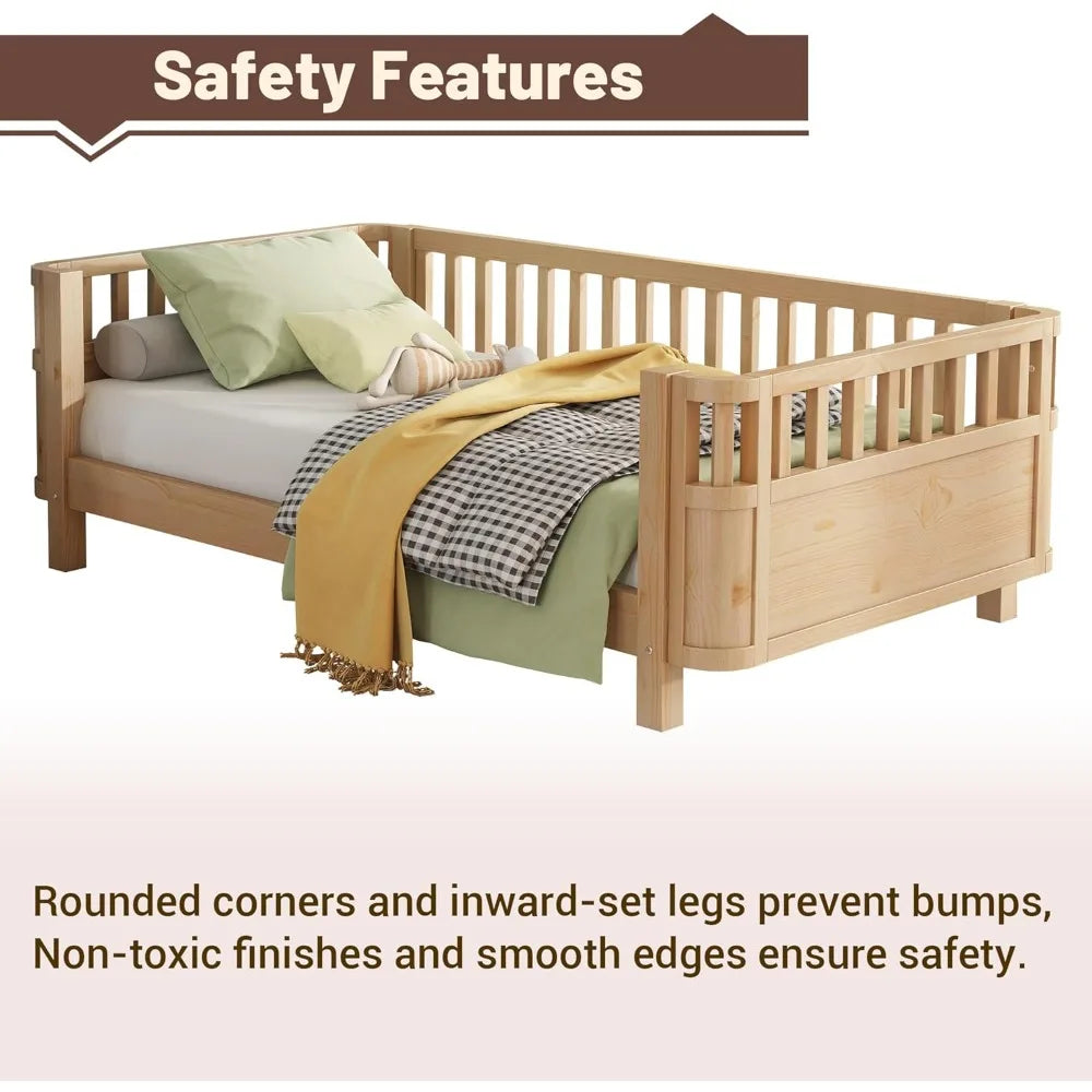 Twin Size Kid Bed with Rails,Wooden Kids Day Bed with Detachable Safety Rails and Rounded Corners, Montessori Bed Frame with Hea