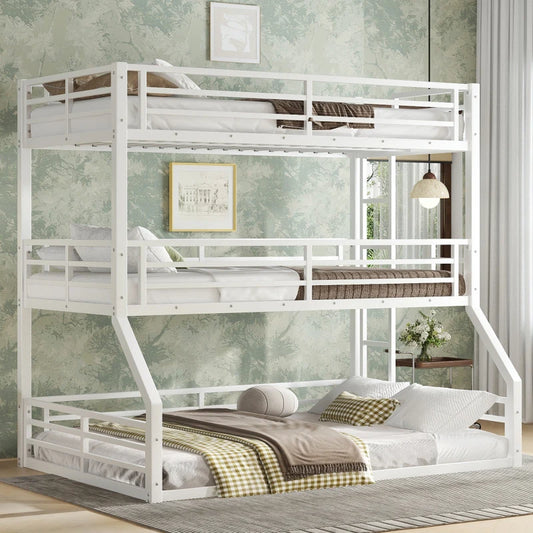 Twin over Twin over Full Bunk Bed, Metal Triple Bunk Bed with Safety Guardrails, Heavy-duty Bunk Bed