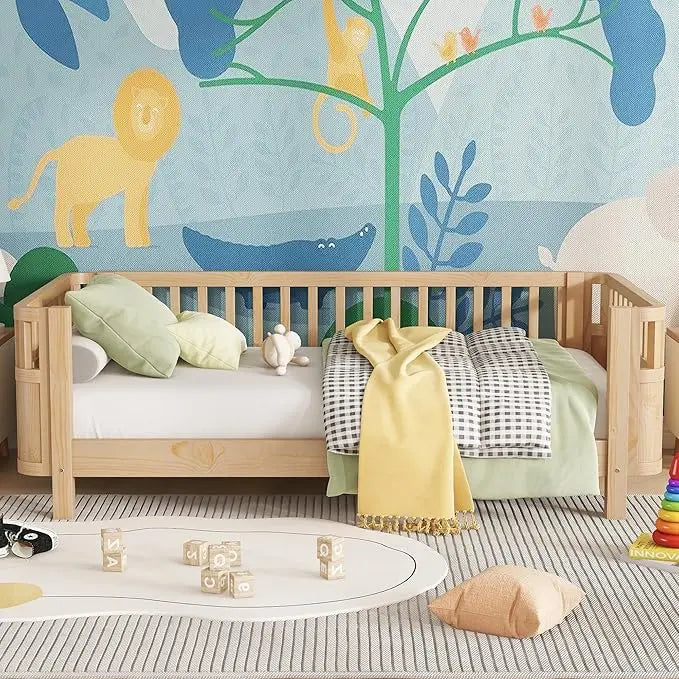 Twin Size Kid Bed with Rails,Wooden Kids Day Bed with Detachable Safety Rails and Rounded Corners, Montessori Bed Frame with Hea
