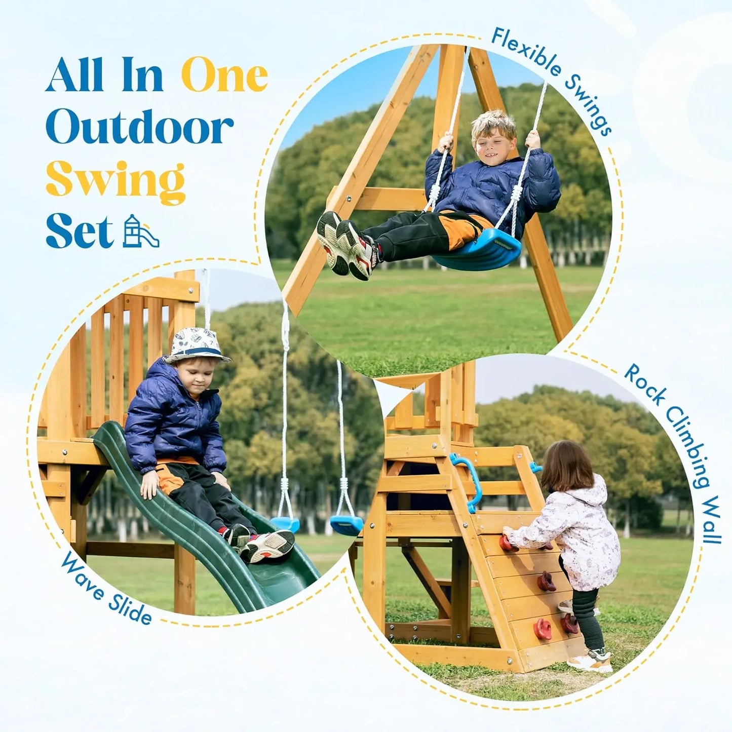 Rolife Wooden Swing Set With Dual Swings Climbing Wall Fort