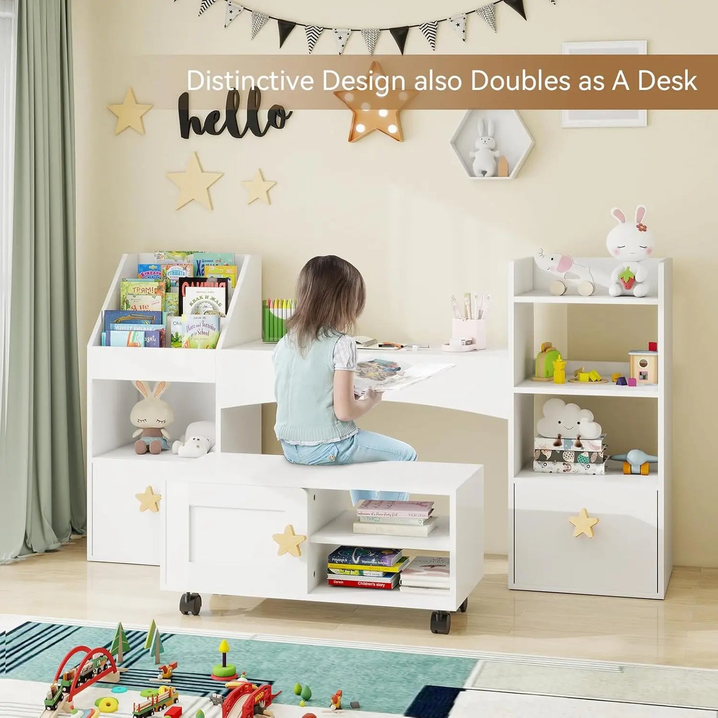 Kids Bookshelf With Reading Nook Desk And Toy Storage Drawers