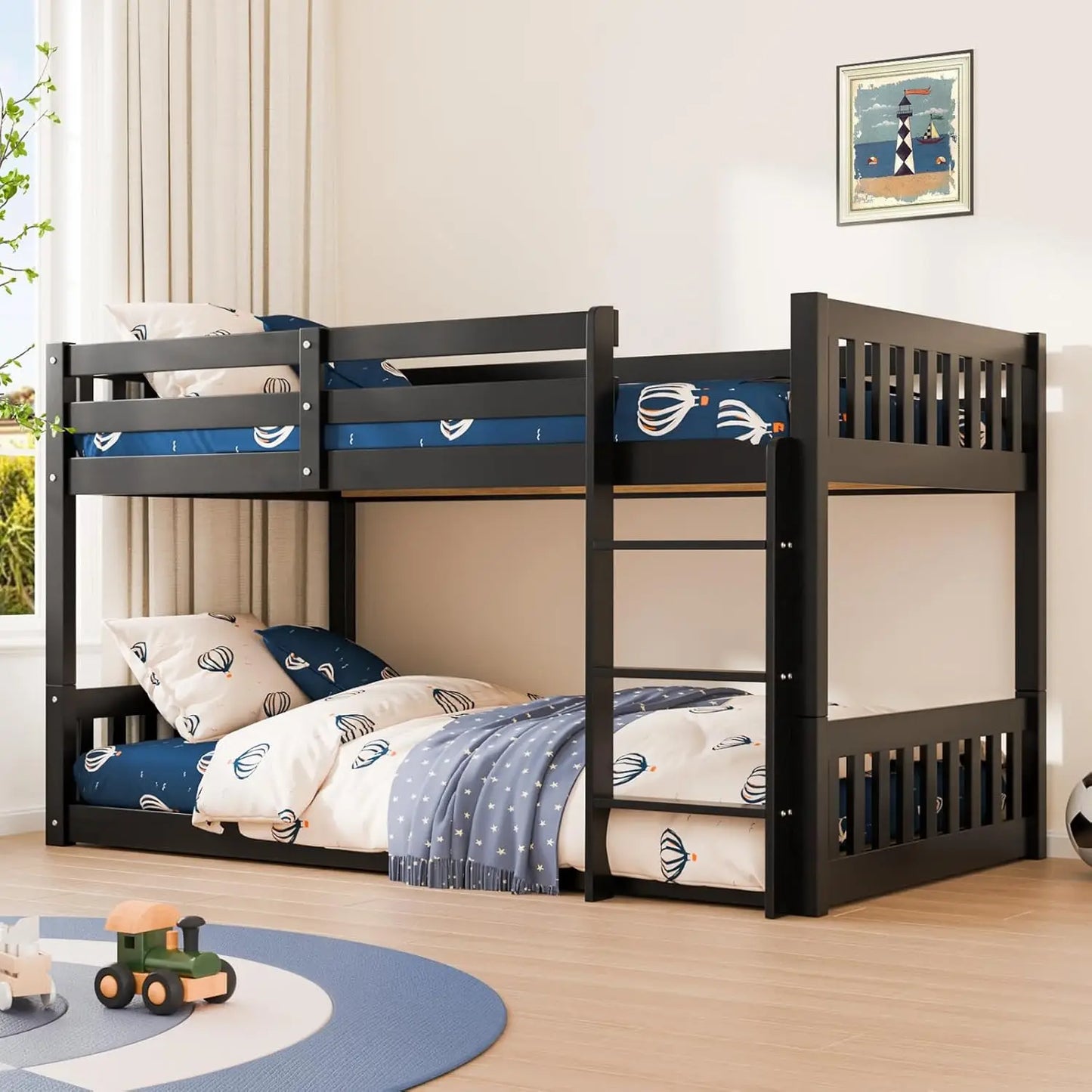 Solid Wood Low Twin Over Twin Bunk Bed with Guardrails & Ladder for Kids Junior Bedroom, No Box Spring Needed, Customized