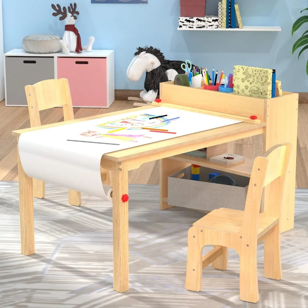 Wooden Art Desk For Kids With Table And Two Chairs