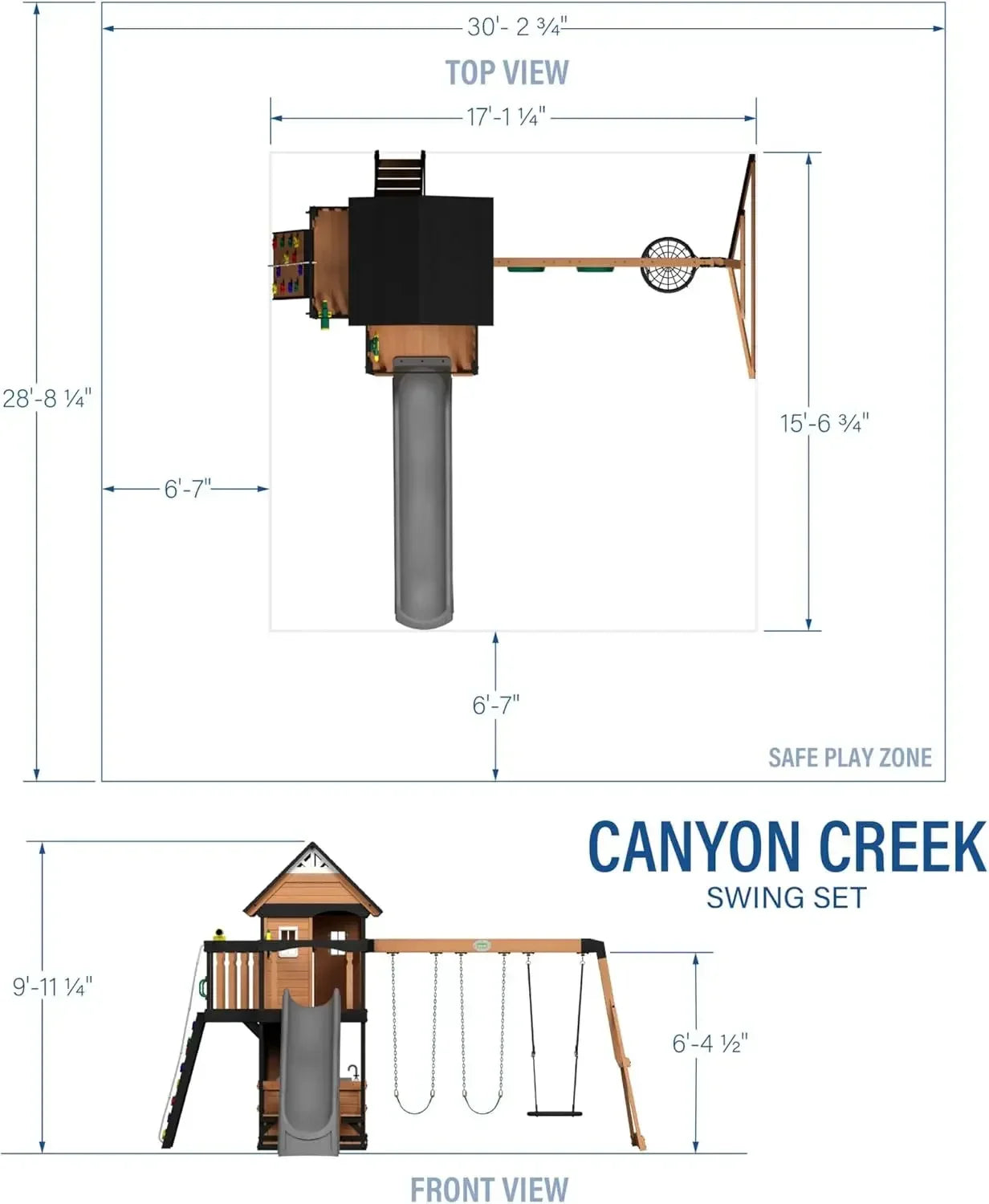 Canyon Creek Cedar Wood Swing Set with Wave Slide, Clubhouse, Play Kitchen, Picnic Area, Belt Swings, Web Swing, Rock Wall,
