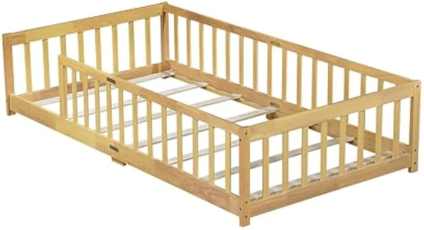 Twin Size Montessori Floor Bed for Kids with Safety Guardrails, Wood Slats, No Box Spring Needed