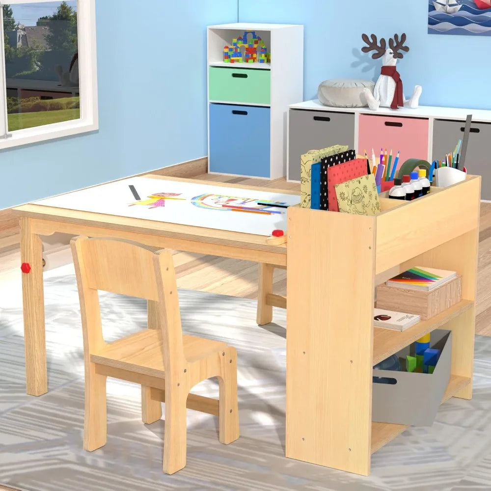 Wooden Art Desk For Kids With Table And Two Chairs