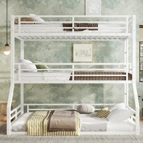 Twin Over Twin Over Full Metal Bunk Bed With Guardrails