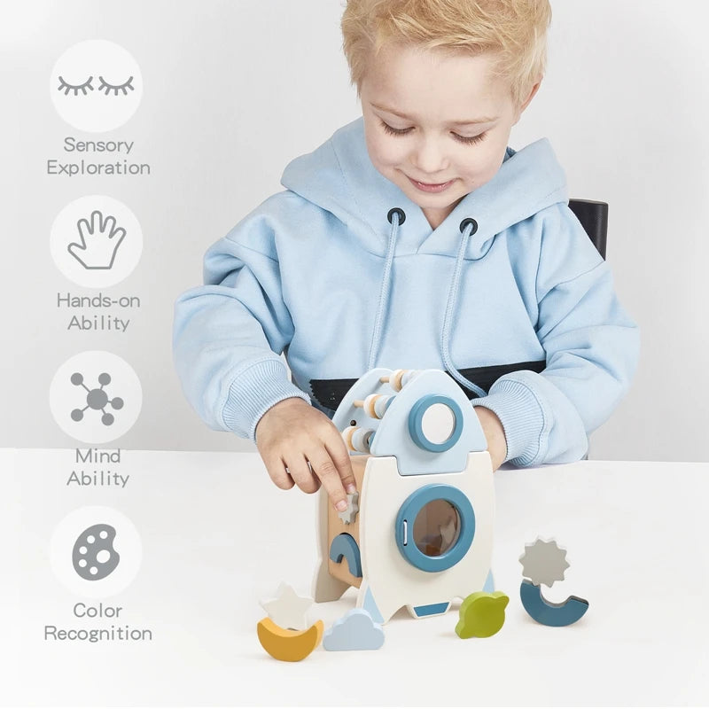 Baby Carrier Wooden Rocket Puzzle Blocks For Hand Eye Coordination