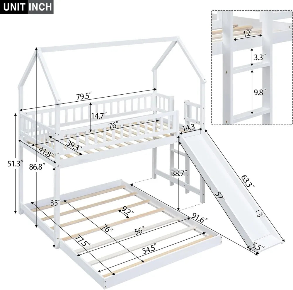 Wooden Twin Over Full Bunk Bed with Slide, Built-in Ladder, Guardrail - Space-Saving House Design for Kids Bedroom