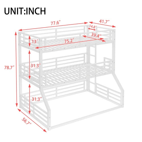 Twin over Twin over Full Bunk Bed, Metal Triple Bunk Bed with Safety Guardrails, Heavy-duty Bunk Bed