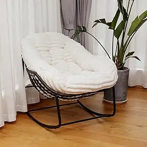 "Outdoor Wicker Egg Swing Chair, Comfortable Oversized Indoor Papasan Seat with Cushion, Royal Rattan Rocking Furniture"