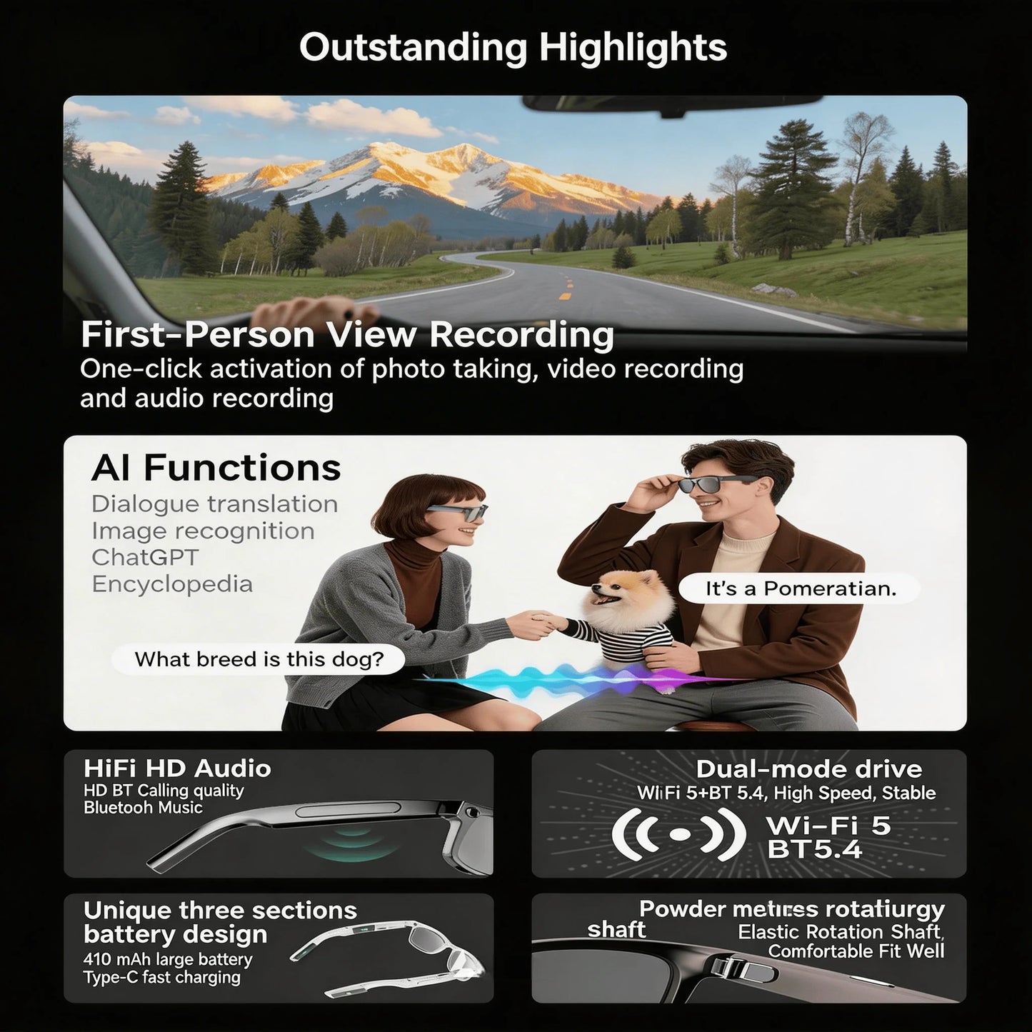 W&O Camera 4K Smart Glasses With AI Translation Open Ear Audio
