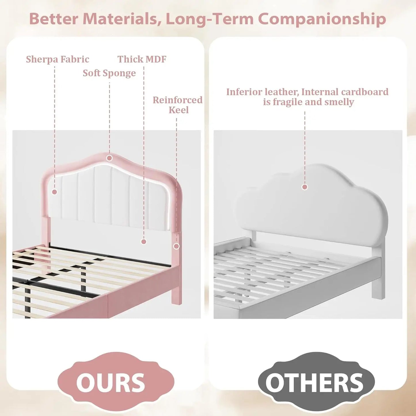 Kids Upholstered Bed Frame with LED Crown Headboard, Velvet Fabric and Metal-Wood Construction, Modern Princess Style Platform B