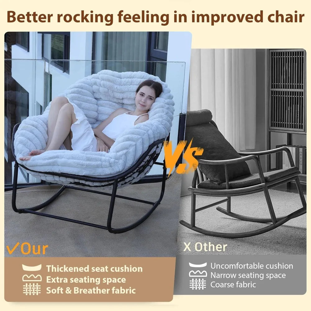 "Outdoor Wicker Egg Swing Chair, Comfortable Oversized Indoor Papasan Seat with Cushion, Royal Rattan Rocking Furniture"