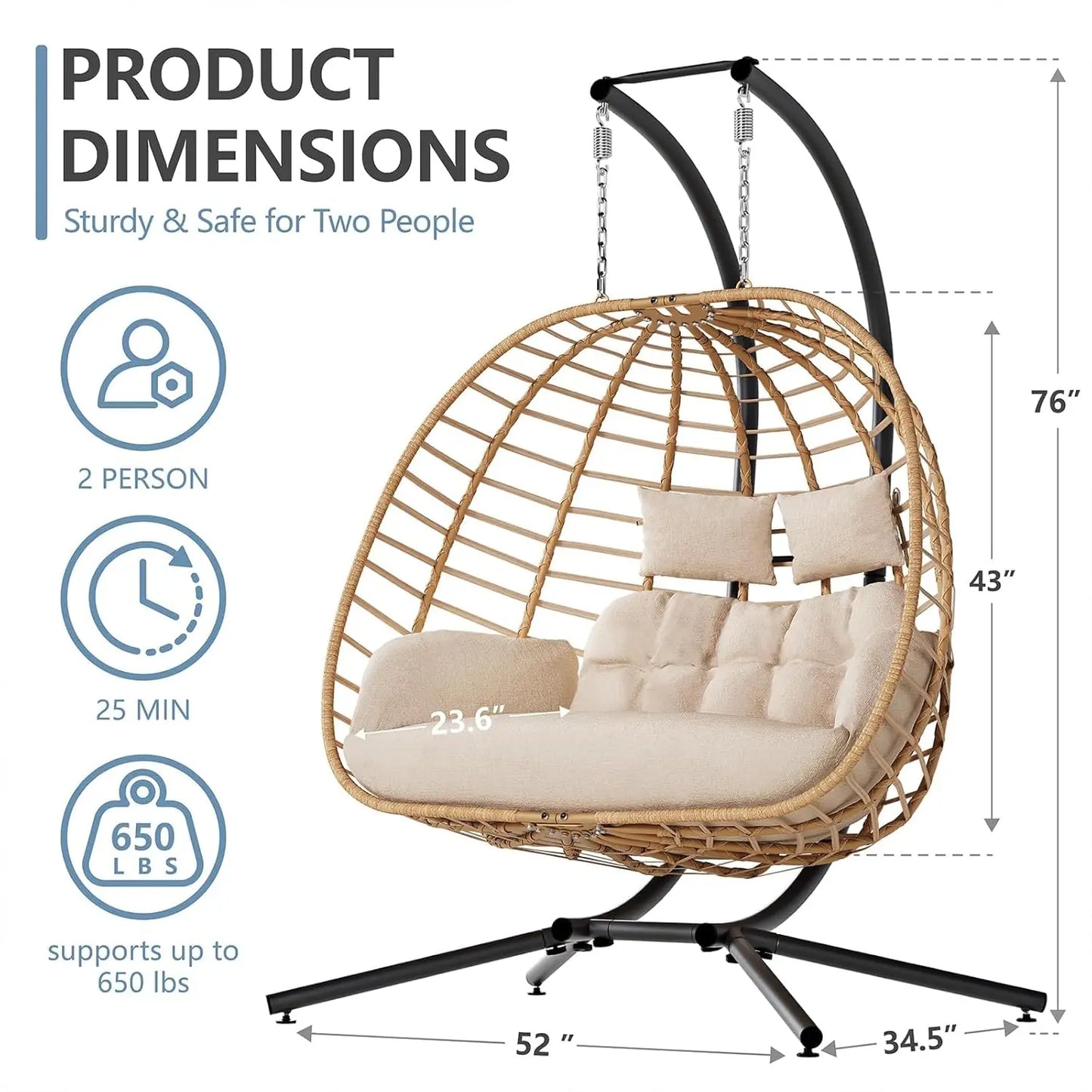 Double Hanging Egg Chair with Stand, Outdoor Patio 2 Person Wicker Hammock Swing Chairs with Cushion Loveseat for, Customized