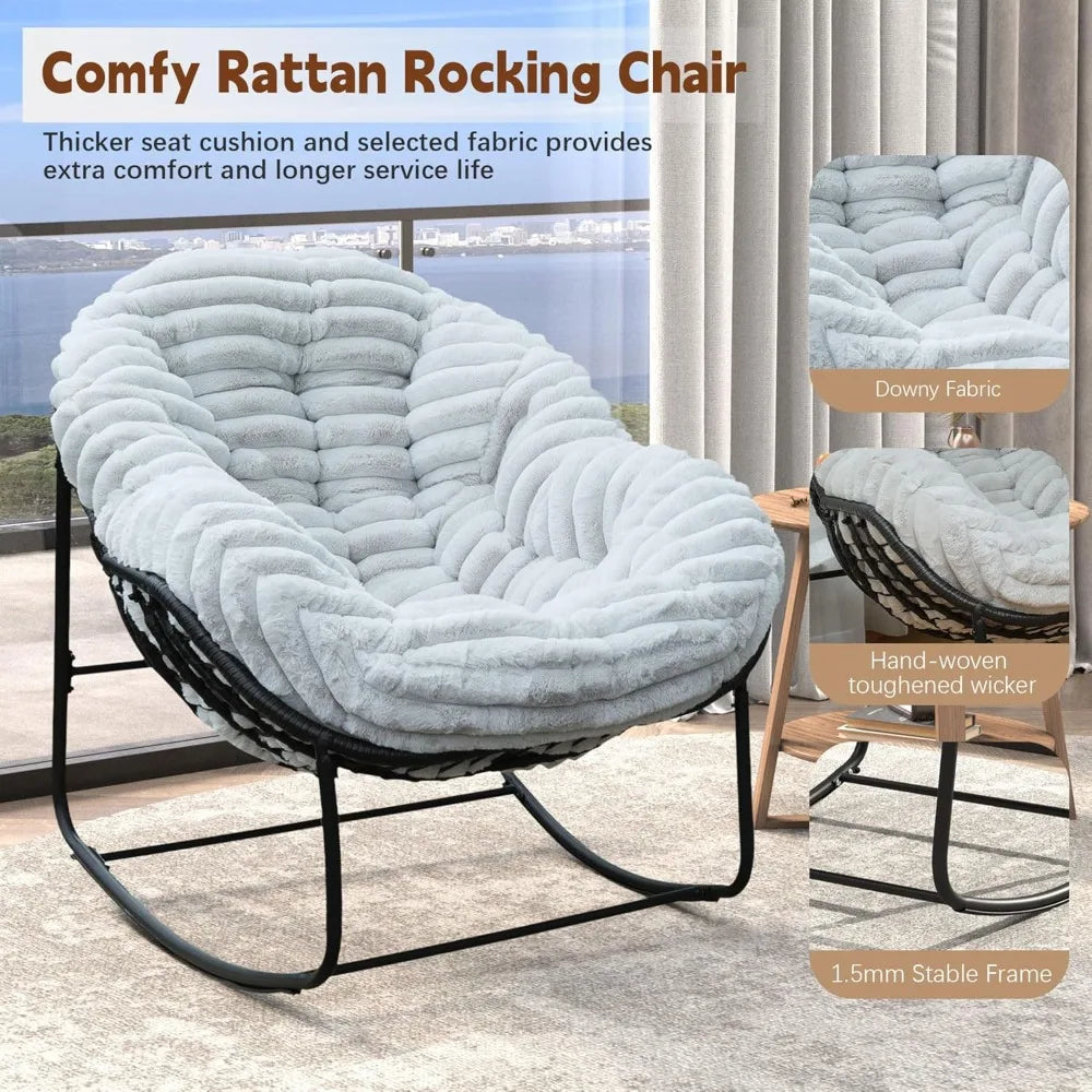 "Outdoor Wicker Egg Swing Chair, Comfortable Oversized Indoor Papasan Seat with Cushion, Royal Rattan Rocking Furniture"