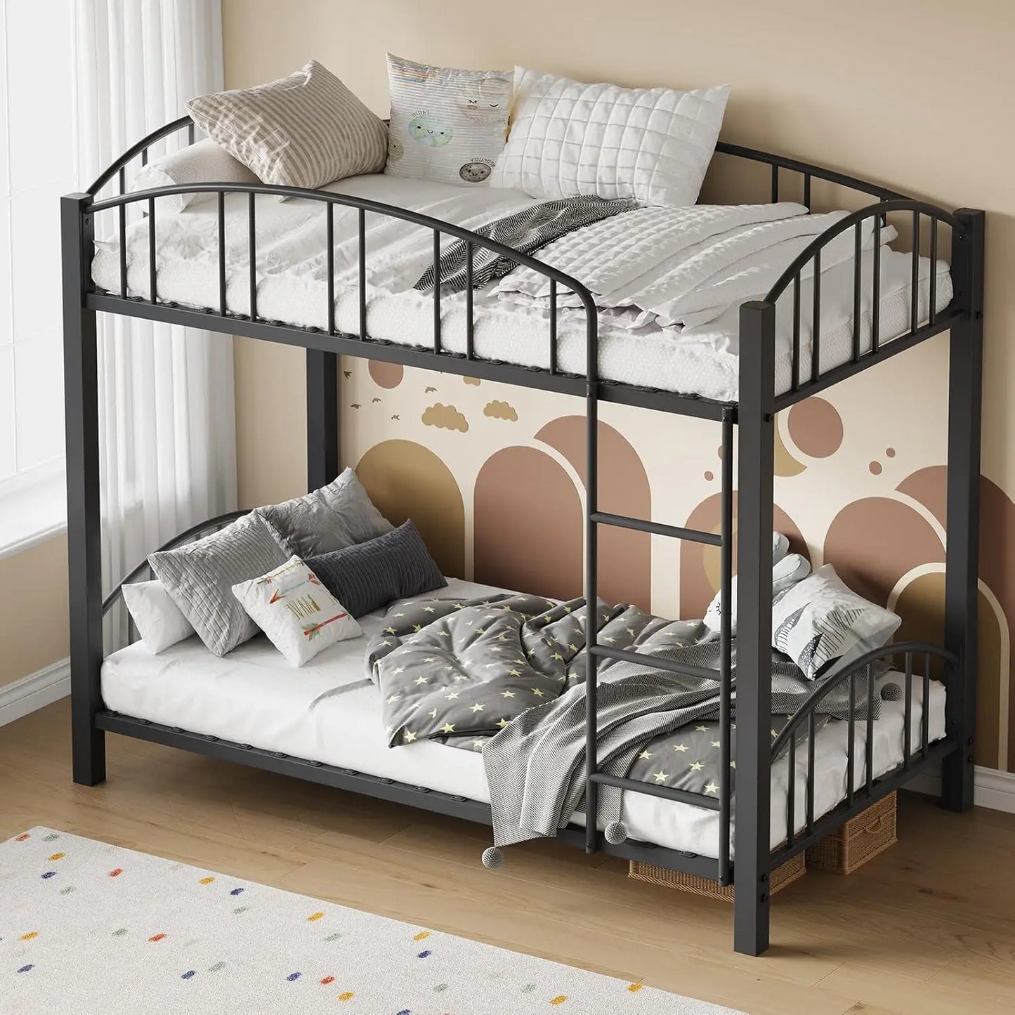 Metal Bunk Bed Twin Over Twin with Stairs and Arched Guardrail Space Saving Ideal for Girls and Boys Room and Dorm, Black