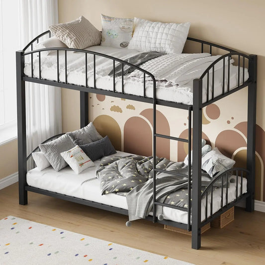 Metal Bunk Bed Twin Over Twin with Stairs and Arched Guardrail Space Saving Ideal for Girls and Boys Room and Dorm, Black