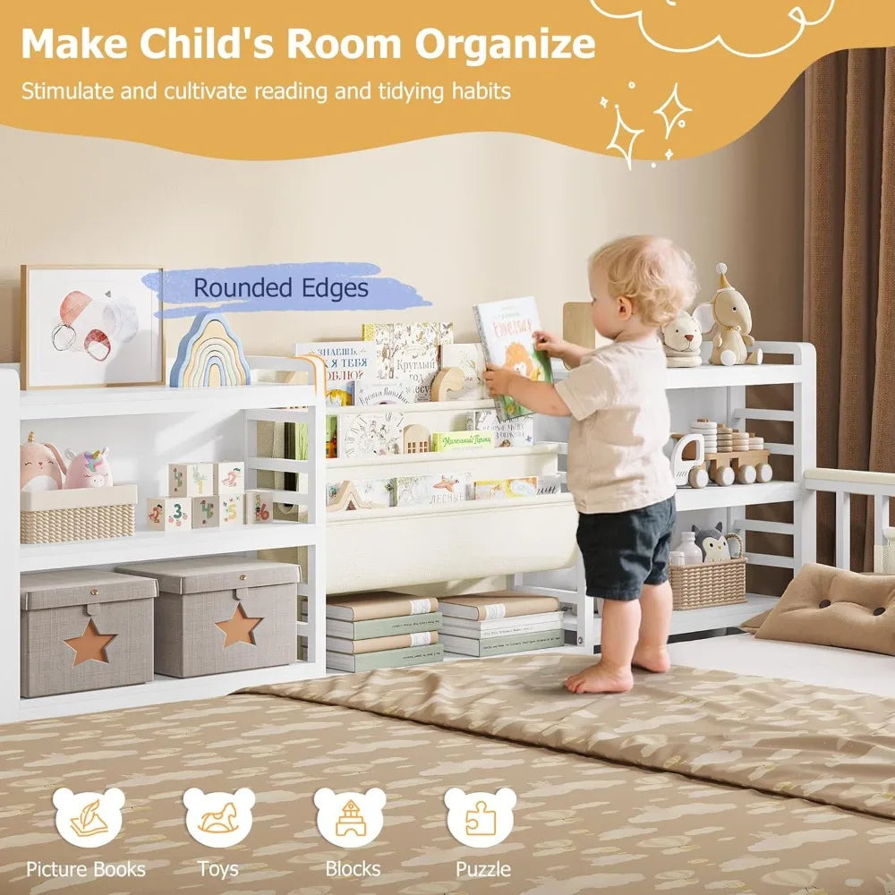 DAFIFY Montessori Floor Bed With Storage Bookcase And Safety Rails For Kids