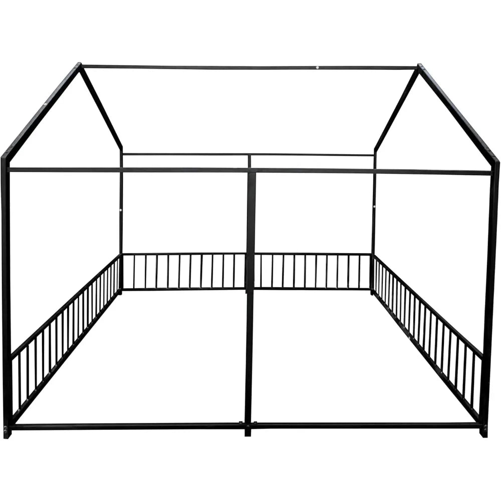 Double Montessori Floor Bed with Fence & Roof for Two Kids Teens Boys Girls,Twin Floor Bed,Easy Assemble,No Box Spring Needed, B