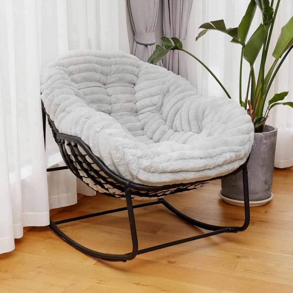 "Outdoor Wicker Egg Swing Chair, Comfortable Oversized Indoor Papasan Seat with Cushion, Royal Rattan Rocking Furniture"