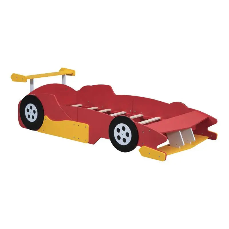Twin Race Car Platform Bed with Wheels, Red Color, Kids' Room Furniture