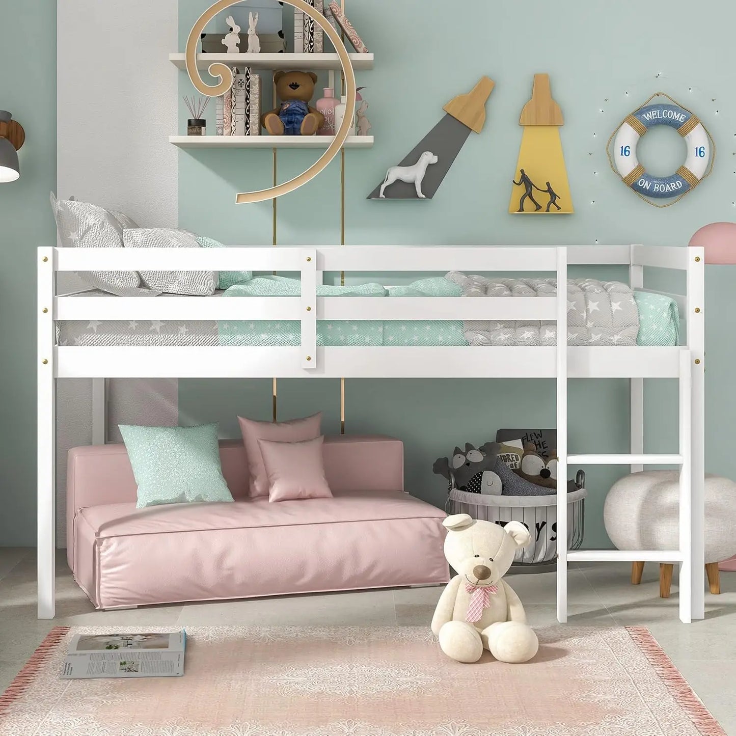 Twin Loft Bed for Kids, Solid Wood, with Ladder & Guard Rails, White, No Box Spring Needed
