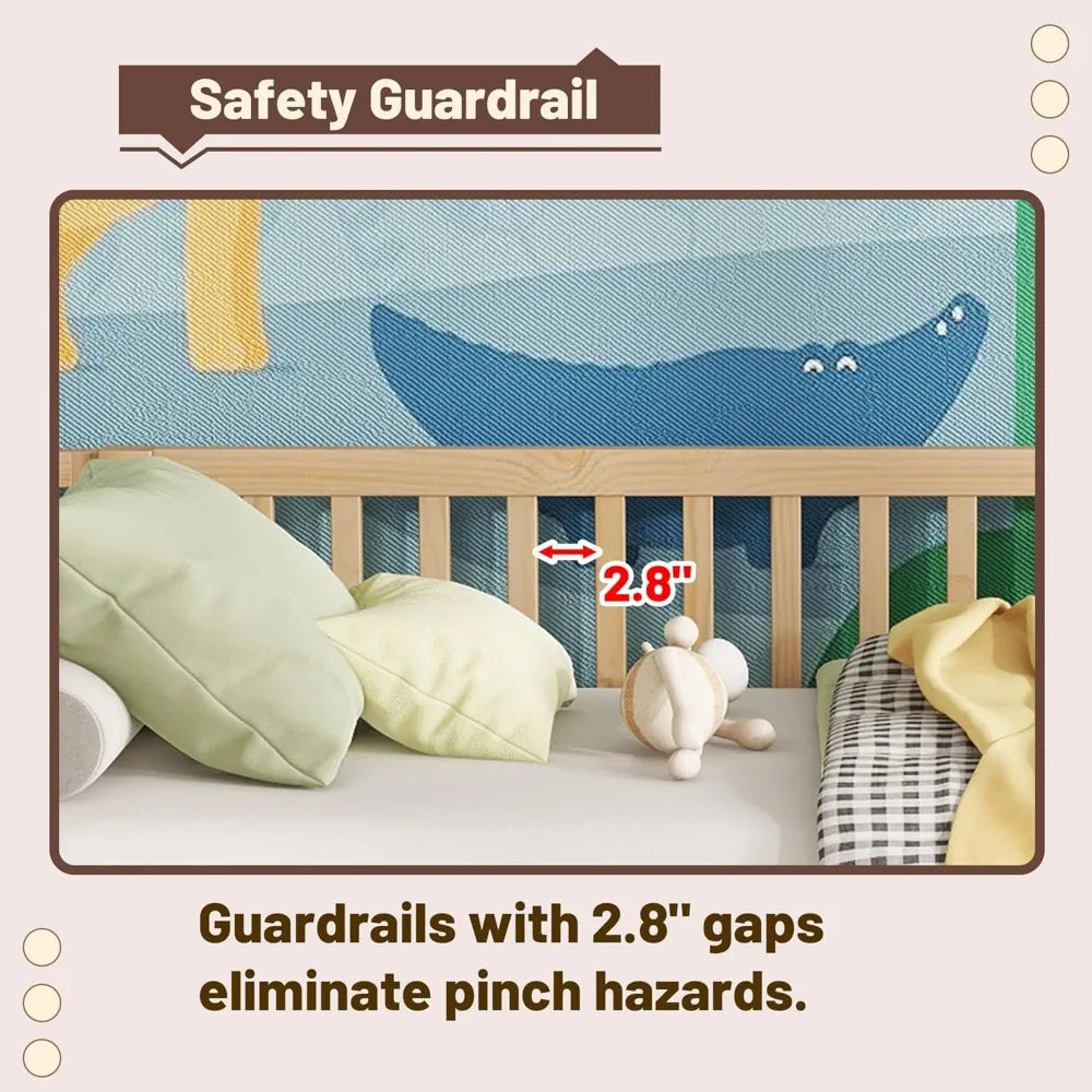 Twin Size Kid Bed with Rails,Wooden Kids Day Bed with Detachable Safety Rails and Rounded Corners, Montessori Bed Frame with Hea