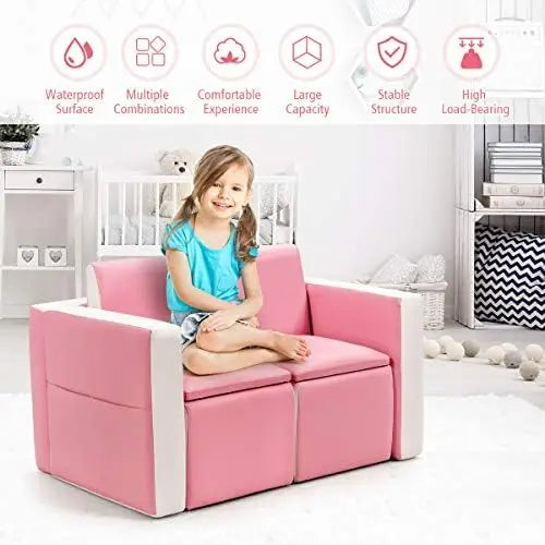 2-In-1 Kids Sofa Bed With Storage PVC Leather Furniture
