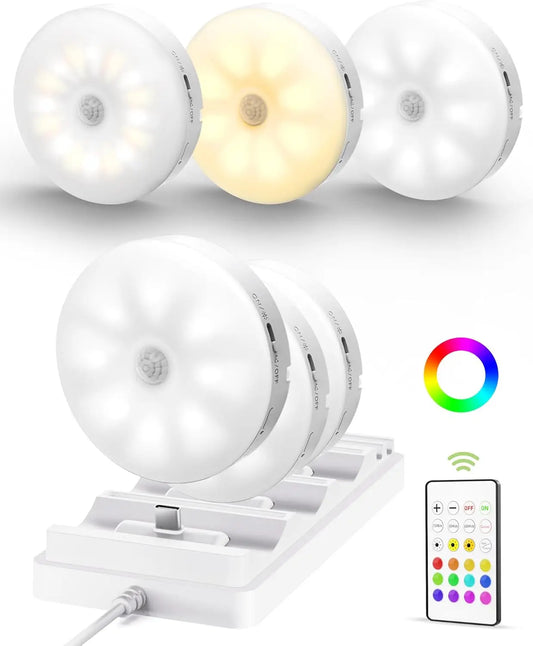 Rechargeable Motion Sensor Puck Lights with Remote, 12 RGB Colors & 3 White Temps, Dimmable Under Cabinet Lighting (6 Pack)
