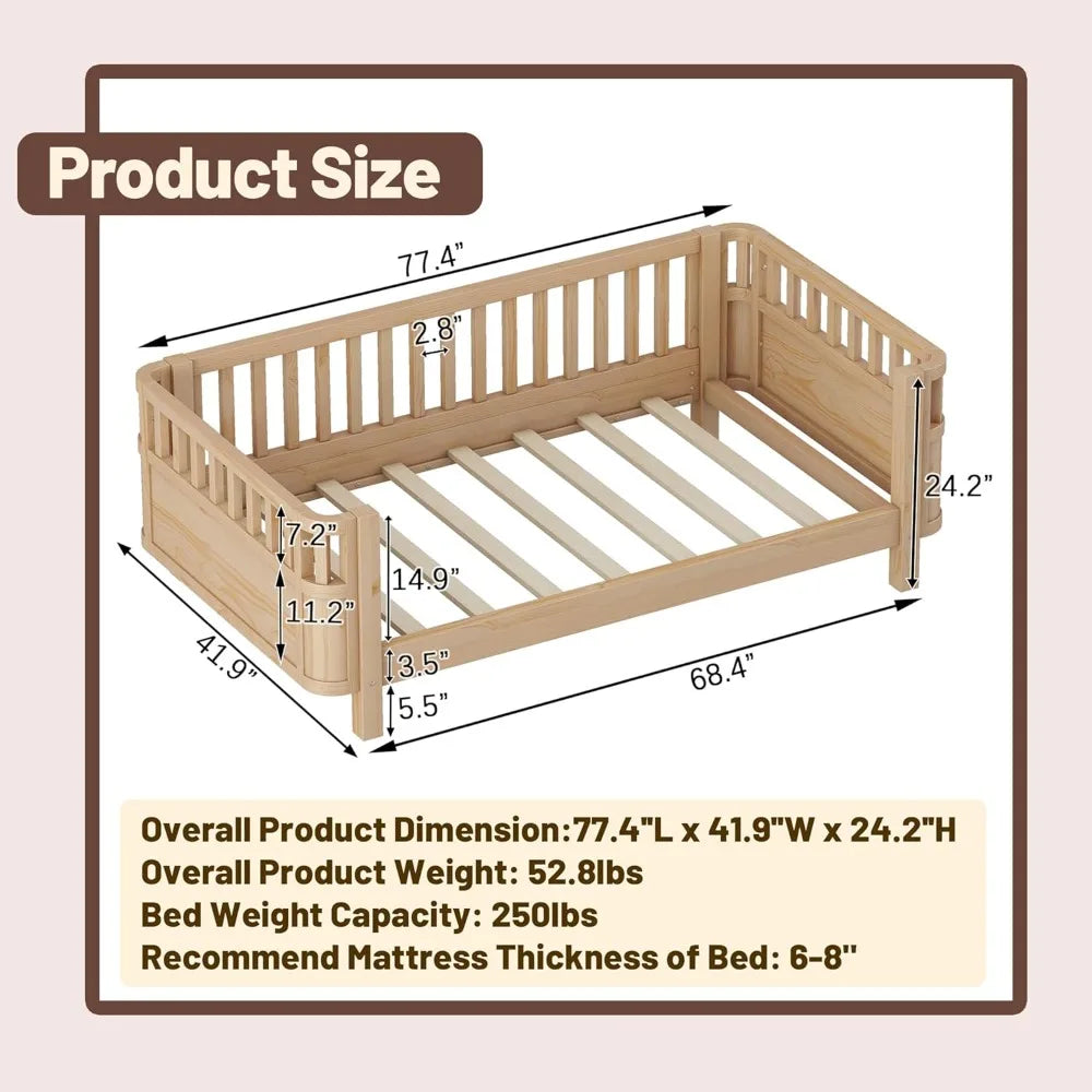 Twin Size Kid Bed with Rails,Wooden Kids Day Bed with Detachable Safety Rails and Rounded Corners, Montessori Bed Frame with Hea