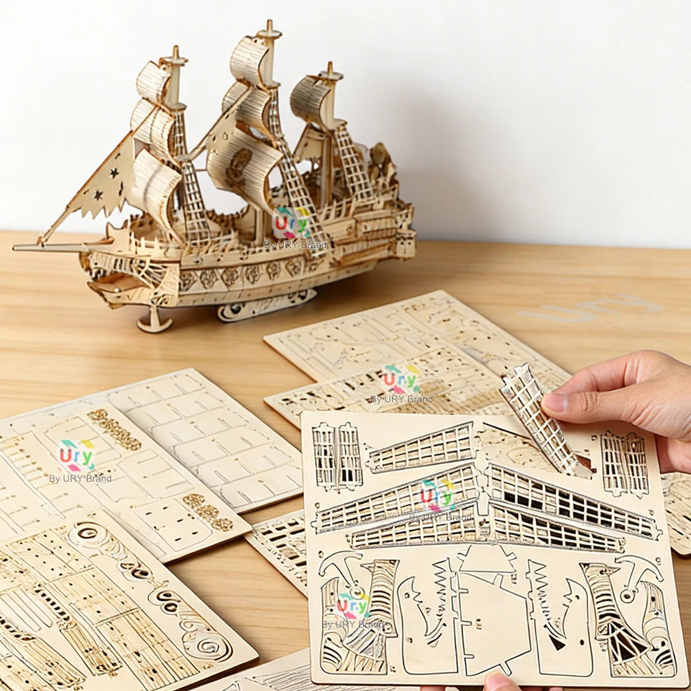 Ury DIY 3D Wooden Puzzle Halloween Ghost Pirate Ship Model For Home Decor