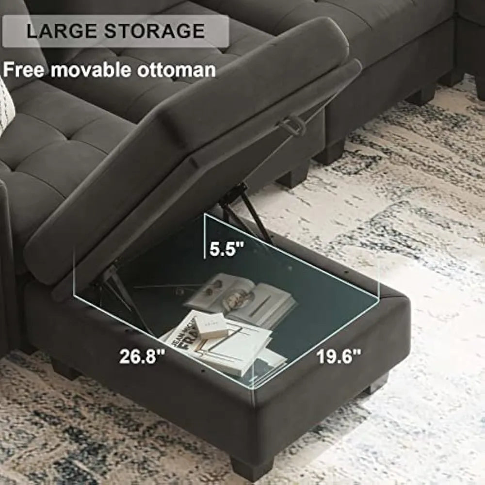 Velvet Modular Sectional Sofa With Storage Ottoman And Reversible Chaise