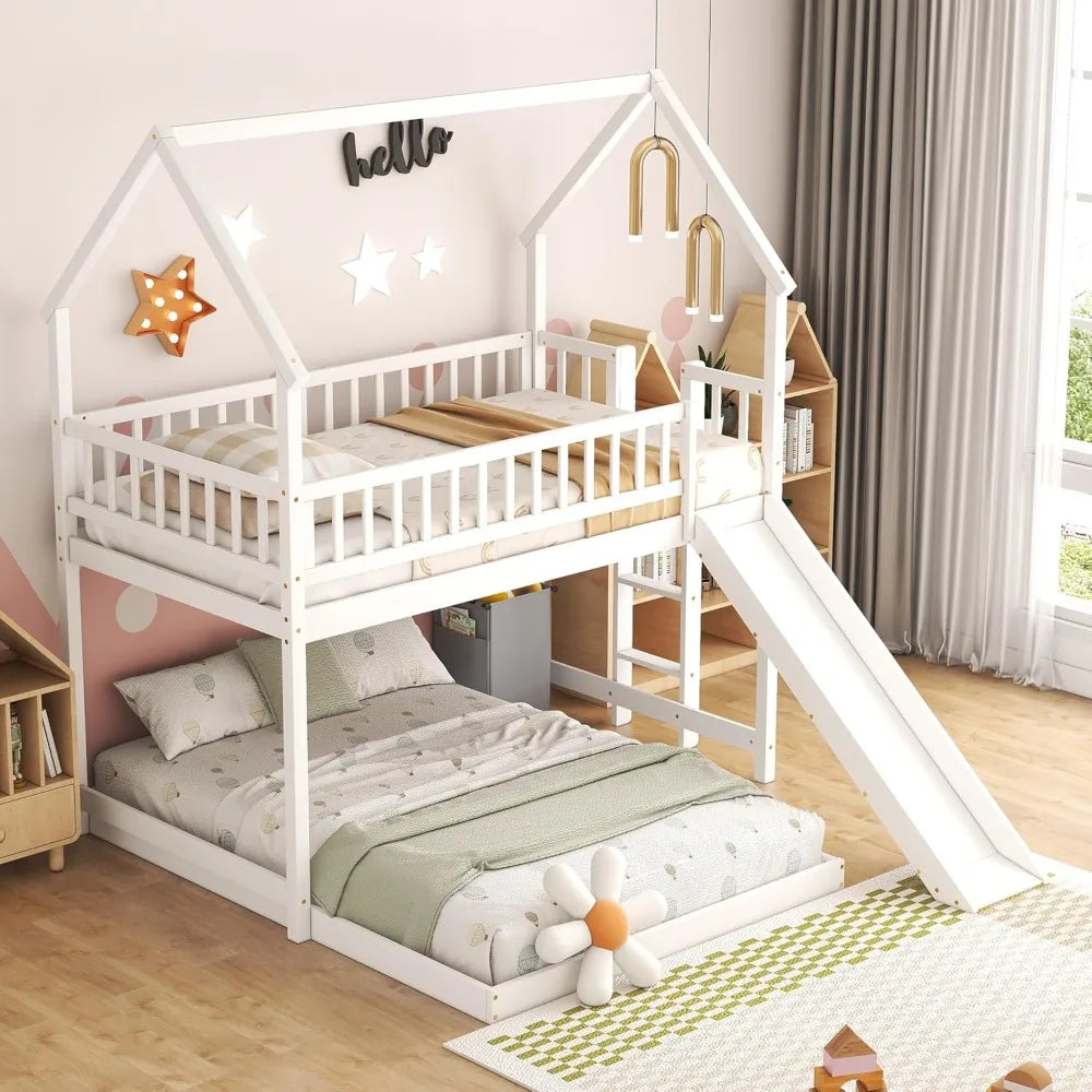 Wooden Twin Over Full Bunk Bed with Slide, Built-in Ladder, Guardrail - Space-Saving House Design for Kids Bedroom