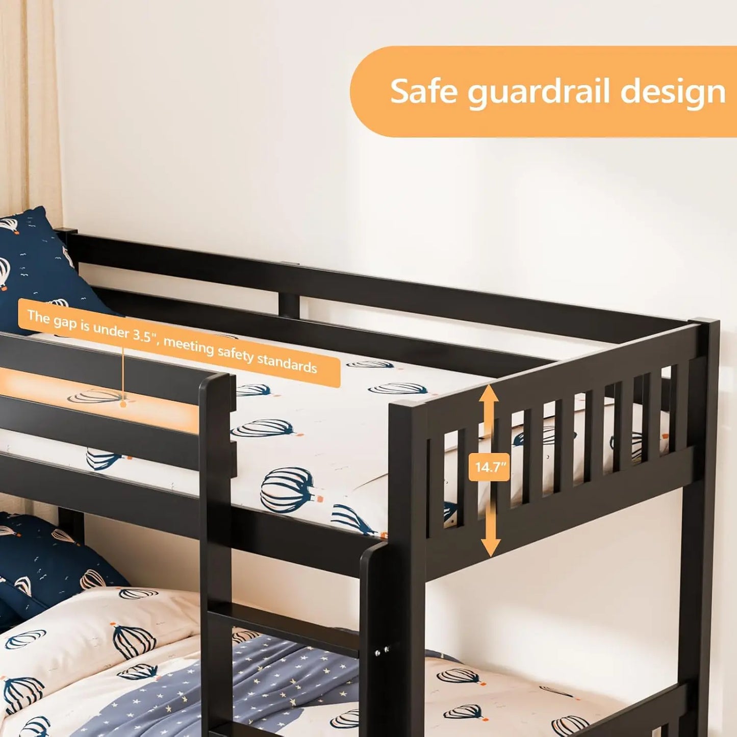 Solid Wood Low Twin Over Twin Bunk Bed with Guardrails & Ladder for Kids Junior Bedroom, No Box Spring Needed, Customized