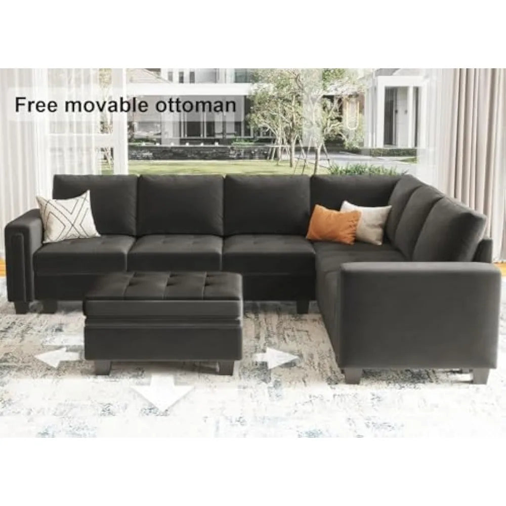 Velvet Modular Sectional Sofa With Storage Ottoman And Reversible Chaise
