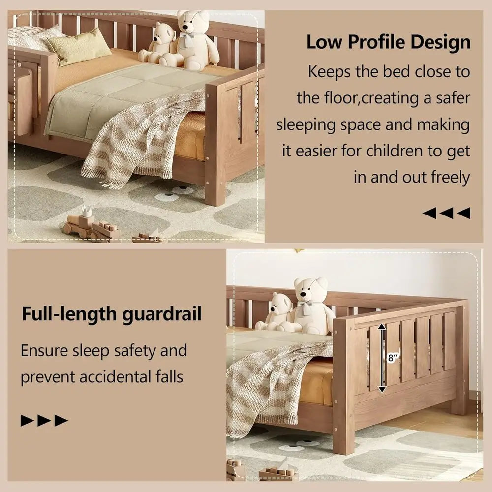 Twin Floor Bed with Slats, Safety Guardrail, Montessori Design, Built-in Bookshelf, Easy Assembly for Kids, Suitable for Girls a