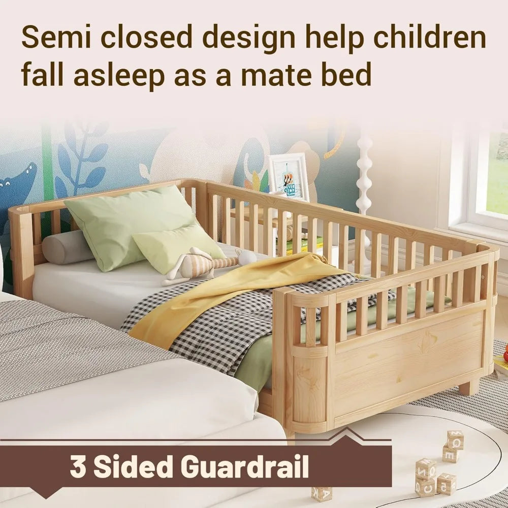 Twin Size Kid Bed with Rails,Wooden Kids Day Bed with Detachable Safety Rails and Rounded Corners, Montessori Bed Frame with Hea
