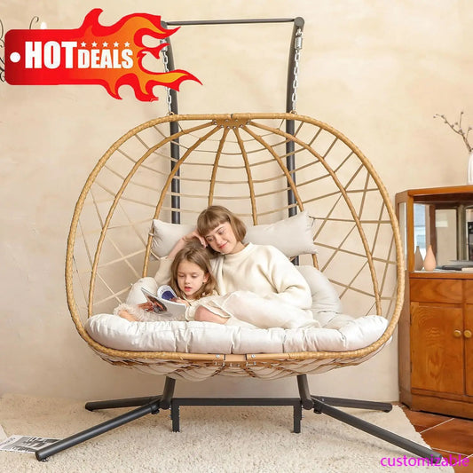 Double Egg Swing Chair with Stand, 2 Person Outdoor Indoor Hammock Hanging Chair for Patio Living Room 550 LBS Capacity-Cream