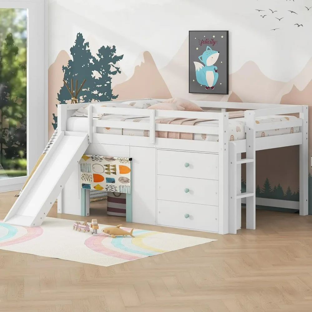 Modern Farmhouse Style Kids Full Size Loft Bed with Slide and Storage Drawers, No Box Spring Required