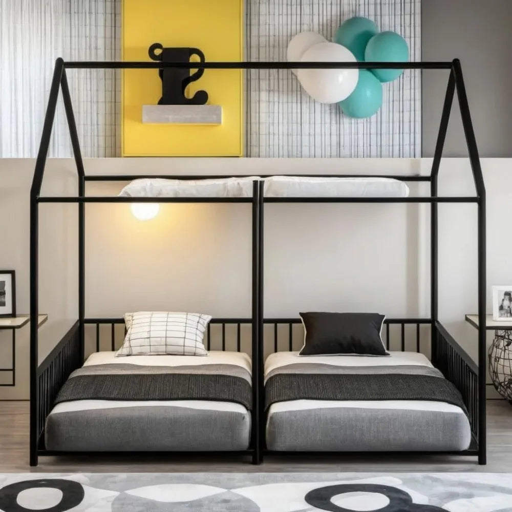 Double Montessori Floor Bed with Fence & Roof for Two Kids Teens Boys Girls,Twin Floor Bed,Easy Assemble,No Box Spring Needed, B