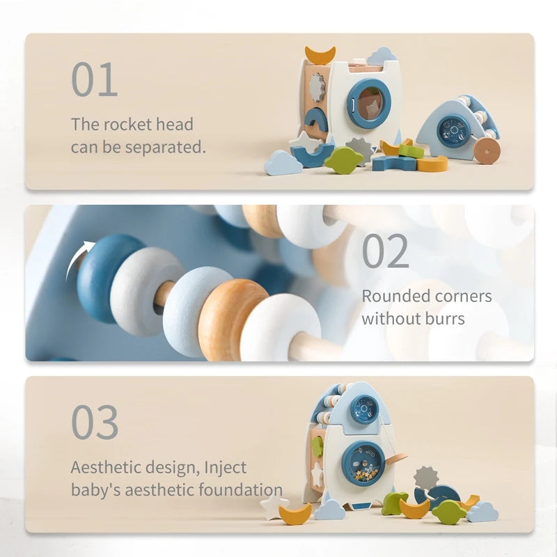 Baby Carrier Wooden Rocket Puzzle Blocks For Hand Eye Coordination
