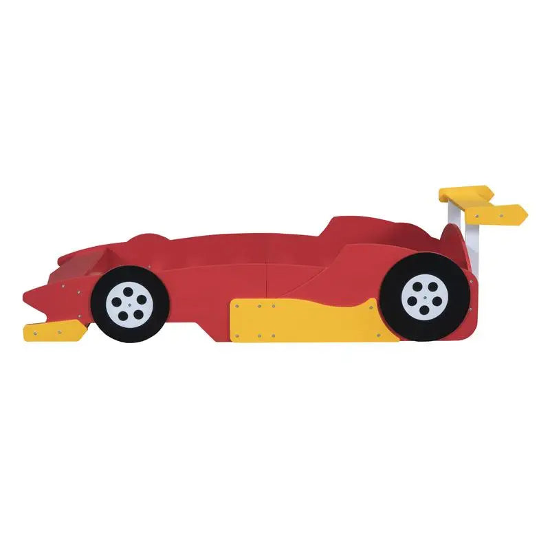 Twin Race Car Platform Bed with Wheels, Red Color, Kids' Room Furniture